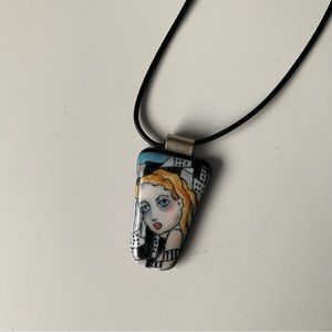 Hand painted Art Glass Alice in Wonderland pendant necklace
